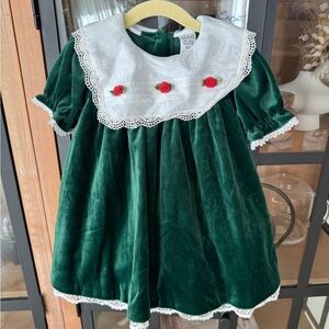Vintage 80s velvet dress puff sleeve roses embroidered eyelet bib collar toddler